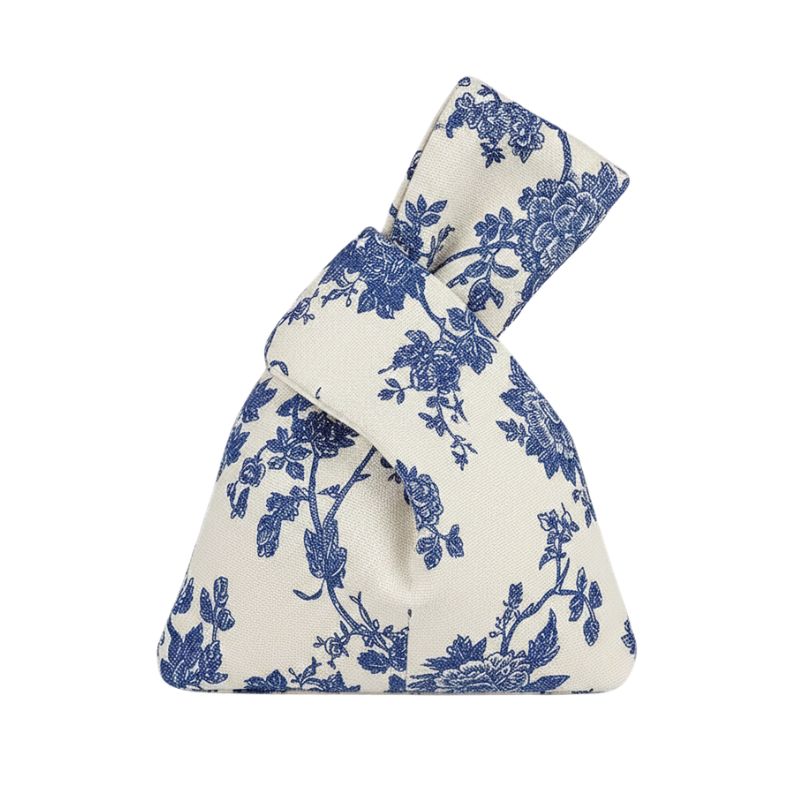 Sac Japonais En Toile Écrue Avec Imprimé Fleurs Bleues