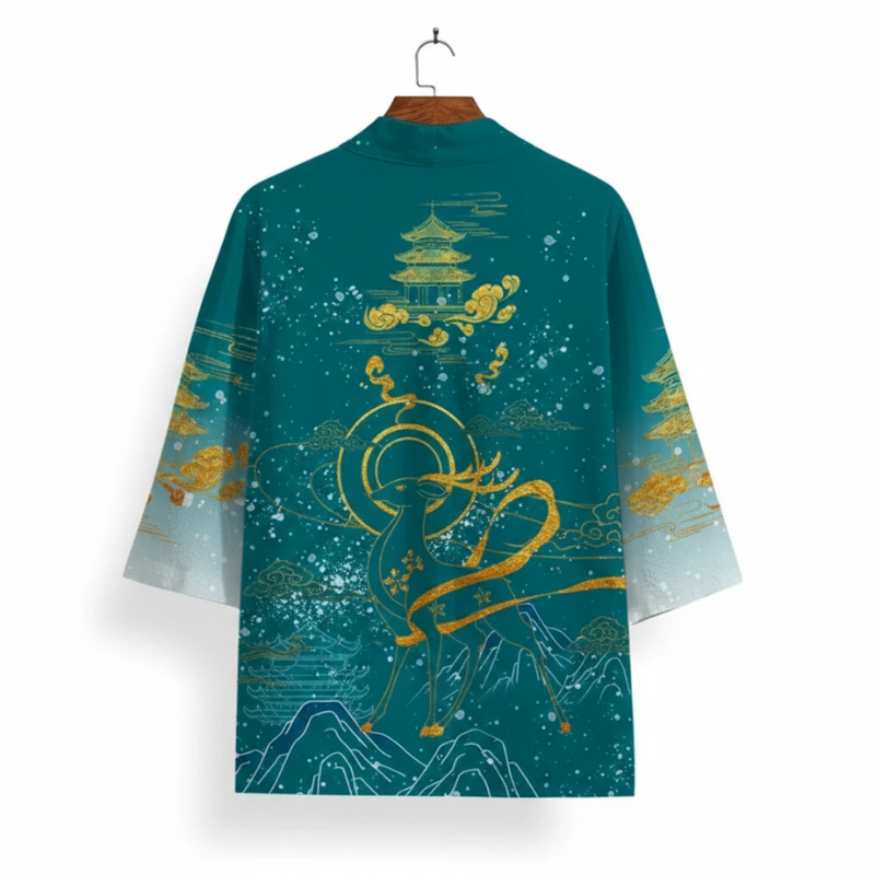 Haori Homme Japonais Motif Dragon Céleste et Paysage