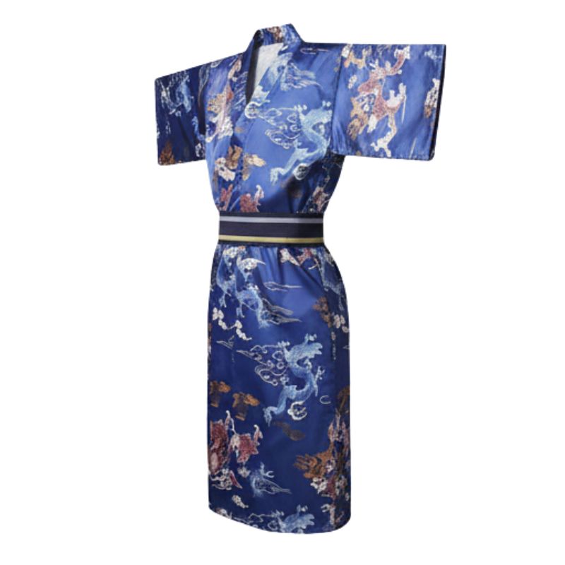 Kimono Japonais Bleu Satiné Avec Motifs Dragons