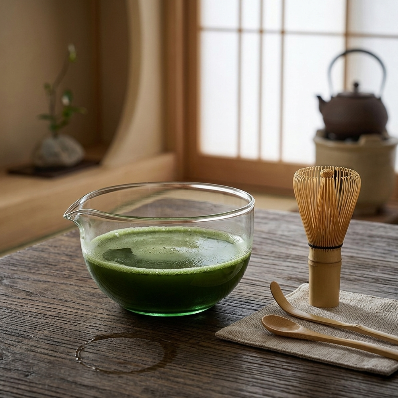 Bol Matcha En Verre Transparent Avec Bec Verseur Et Design Arrondi