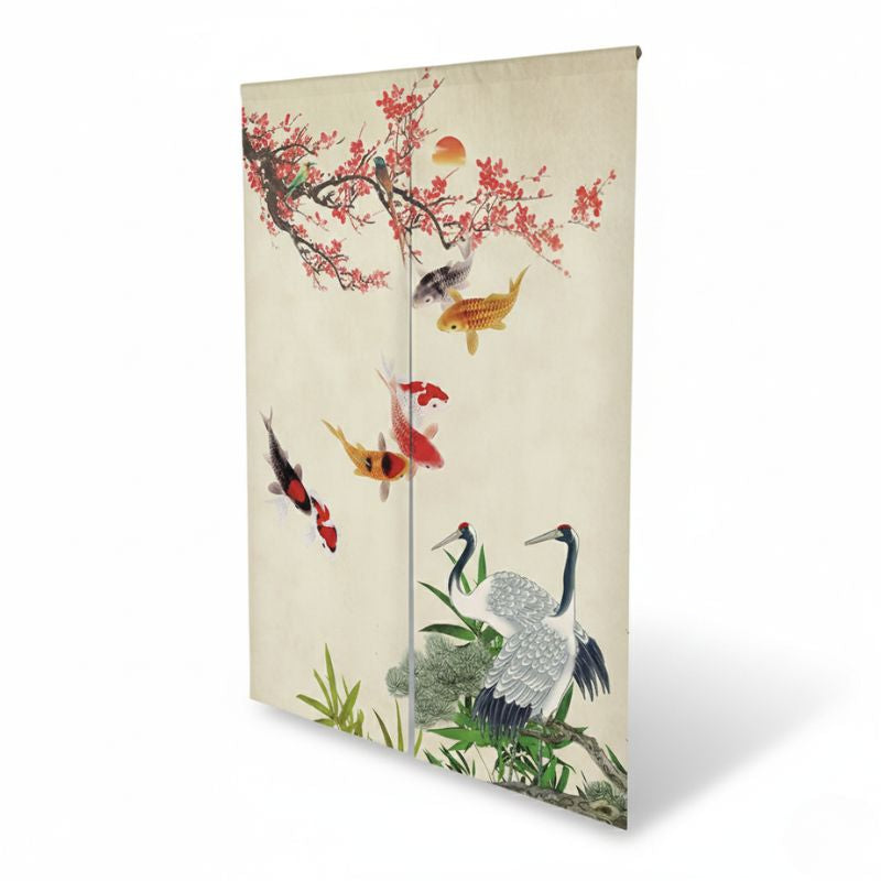 Noren Japonais Avec Carpes Koï Colorées Et Grues Élégantes