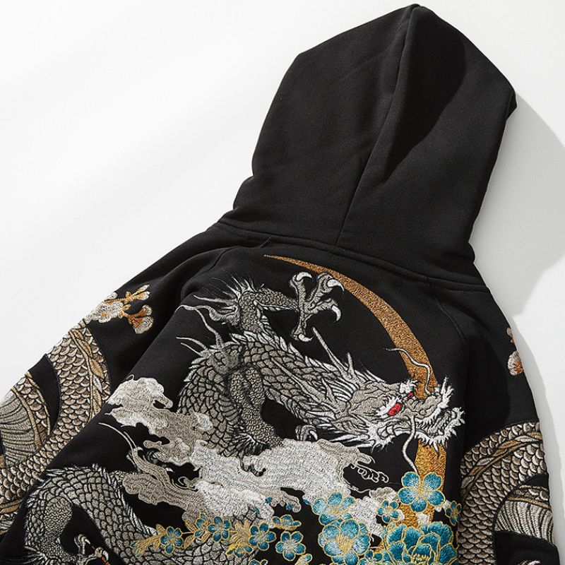 Sweat Japonais Noir Avec Broderie Dragon Et Phénix Suzaku