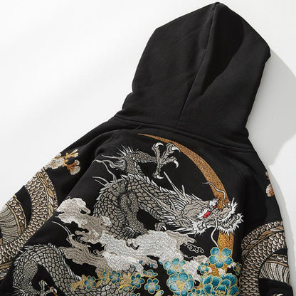 Sweat Japonais Noir Avec Broderie Dragon Et Phénix Suzaku