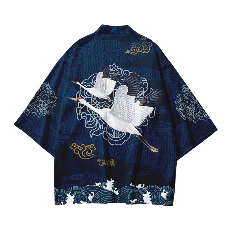Haori Homme Japonais Bleu Marine Motif Vagues et Nuages