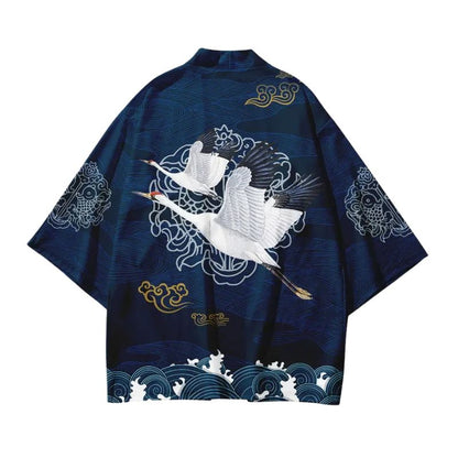 Haori Homme Japonais Bleu Marine Motif Vagues et Nuages