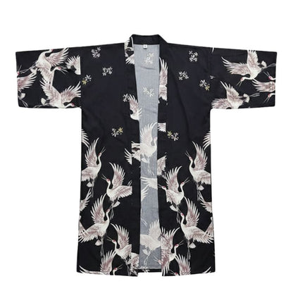 Veste Kimono Noir En Motif Grues Japonaises