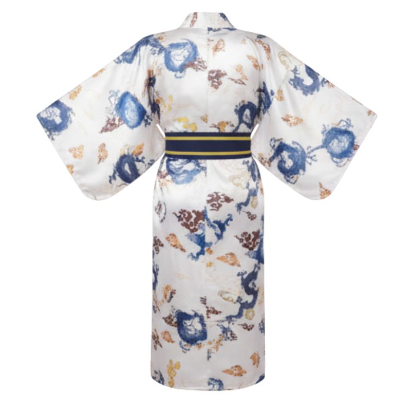 Kimono Japonais Clair Satiné Avec Motifs Dragons Et Ceinture Obi