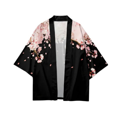 Haori Femme Noir Et Rose En Motif Fleur De Cerisier