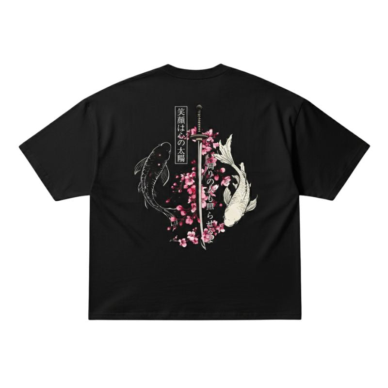 T-Shirt Japonais Avec Poissons Koi Et Fleurs Sakura Élégantes