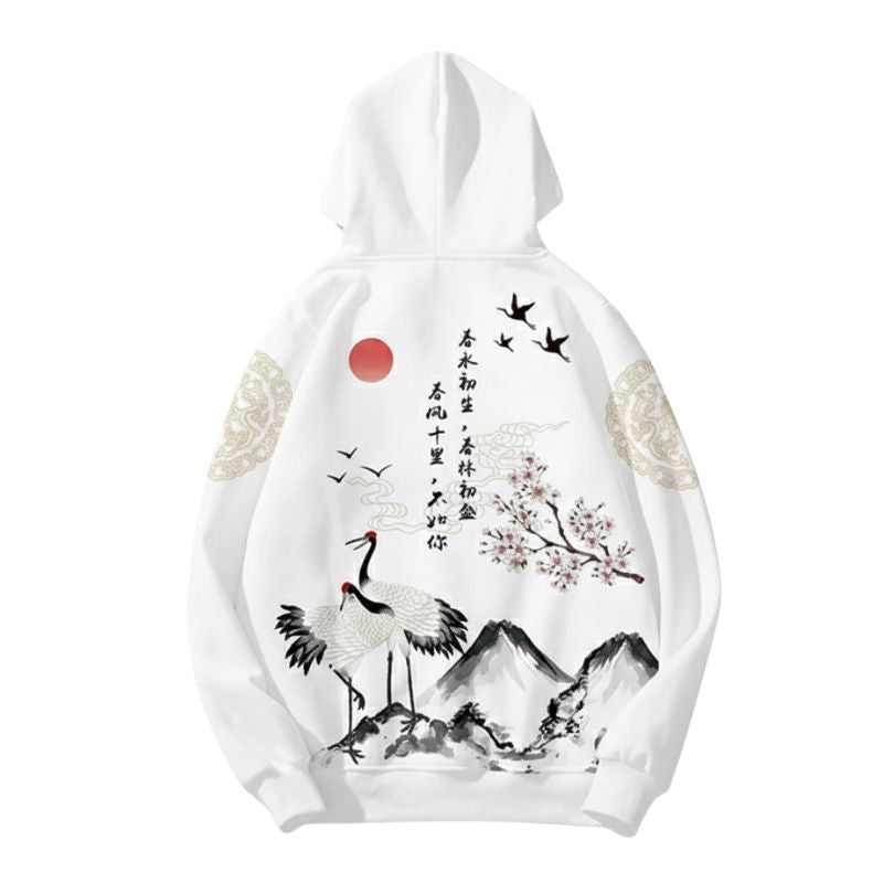 Sweat Japonais Zippé Avec Illustration Montagne Et Oiseaux