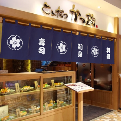 Noren Japonais En Lin Bleu Avec Symboles Cuisine