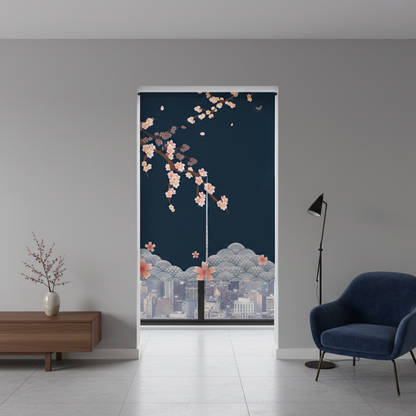 Noren Japonais Avec Branche Sakura En Fleur Et Motif Vagues