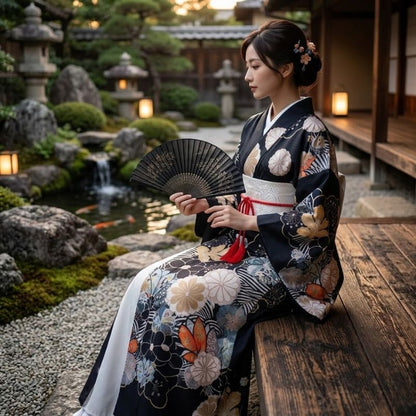 Kimono Traditionnel Noir Avec Motifs Japonais Et Ceinture Obi