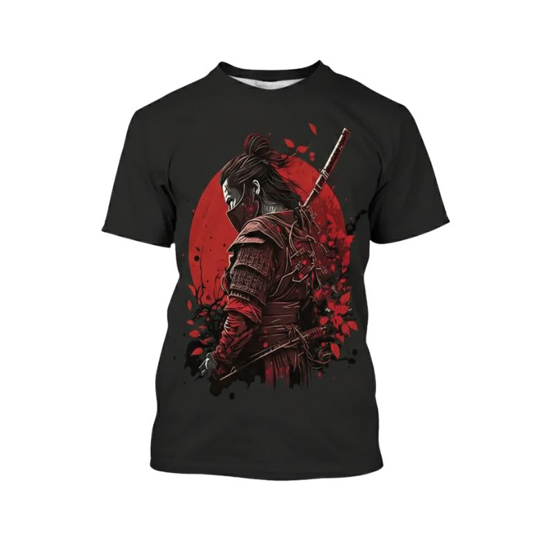 T-Shirt Japonais En Noir Avec Samouraï Armuré Et Soleil Rouge