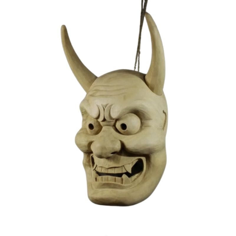 Masque Nô En Bois Sculpté Avec Cornes Longues
