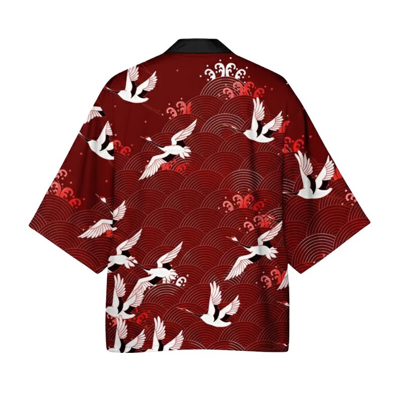 Haori Homme Japonais Rouge Grues Blanches et Motifs Seigaiha