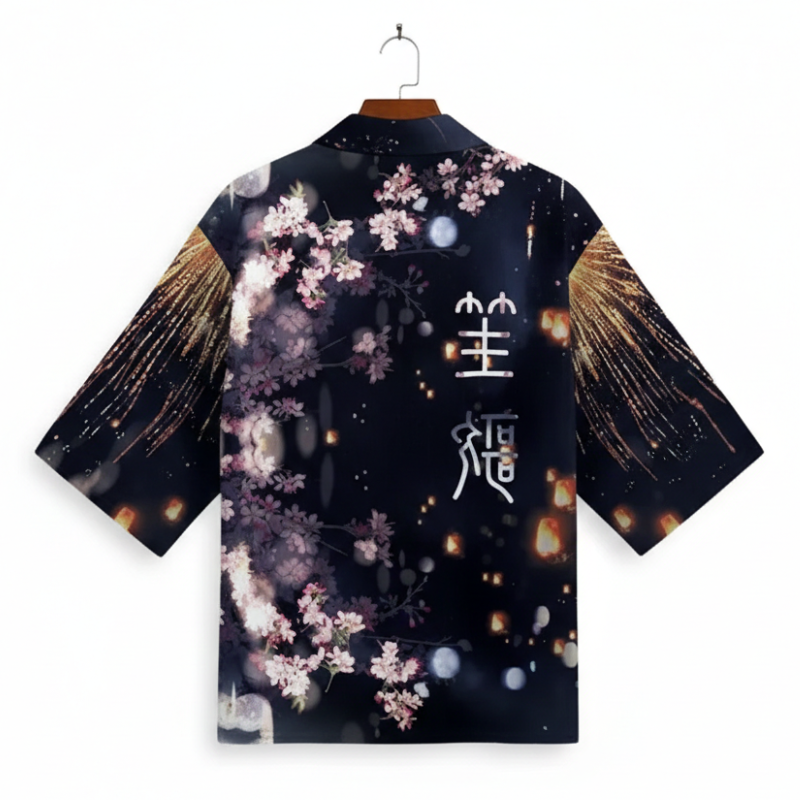 Haori Homme Japonais Motif Sakura Nocturne et Feux d’Artifice