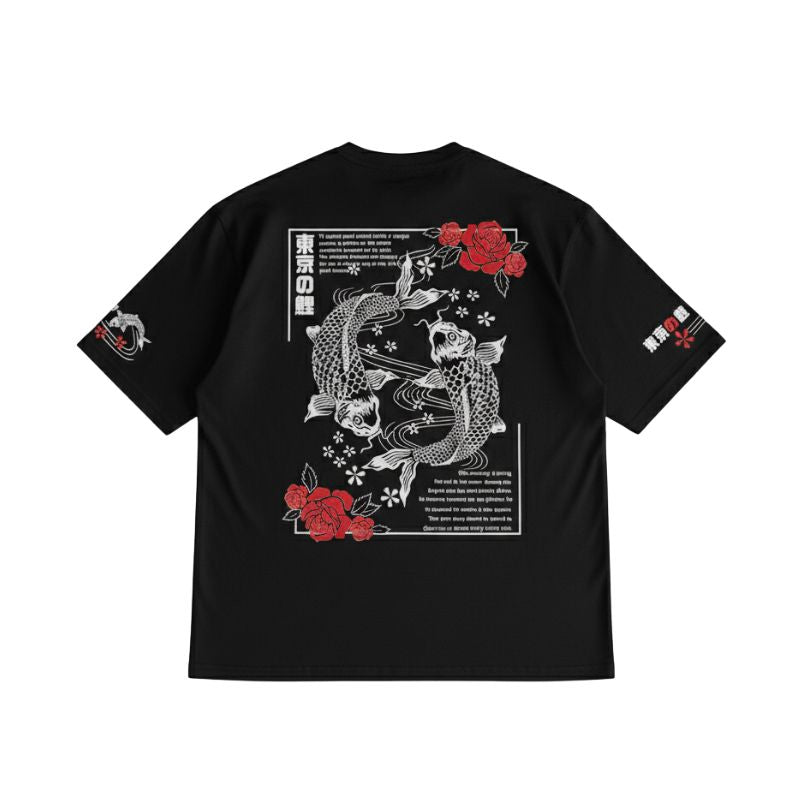 T-Shirt Japonais Mode Urbaine Avec Poissons Koi