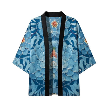 Veste Kimono Bleu En Motif Fleur Géante Artistique