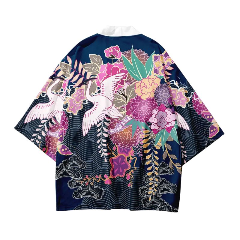 Haori Homme Japonais Motifs Floraux et Grues Symboliques