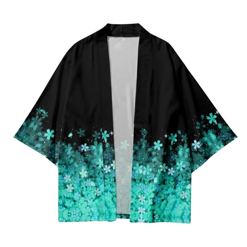Haori Femme Noir En Motif Fleurs Turquoise Dégradé