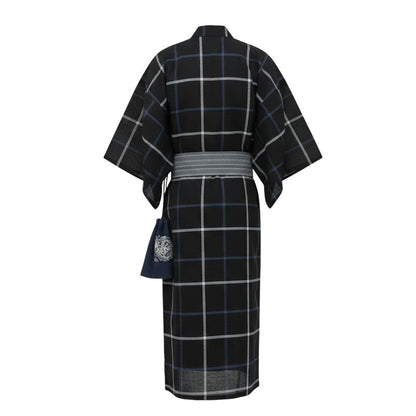 Kimono Japonais Long À Carreaux Avec Ceinture Obi Élégante