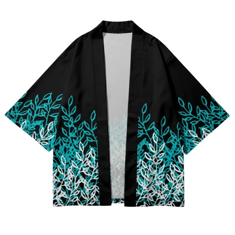 Haori Femme Noir En Motif Feuillage Bleu Et Blanc