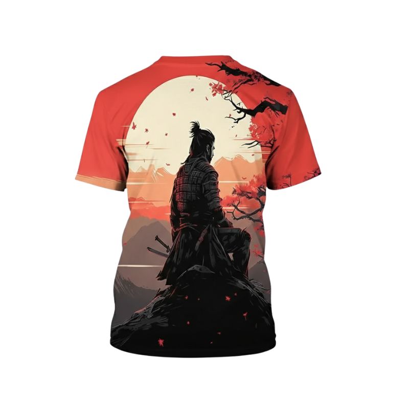 T-Shirt Japonais Avec Samouraï Face Au Soleil Couchant