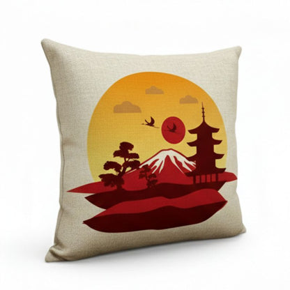 Coussin Japonais Carré Motif Mont Fuji Et Pagode Au Soleil Couchant