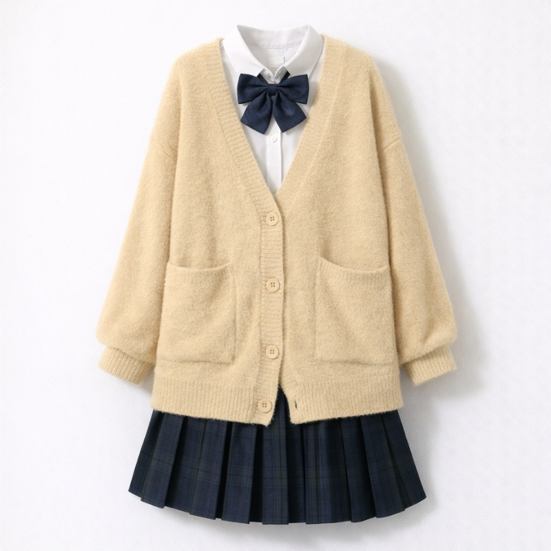 Uniforme Japonais Étudiante Avec Cardigan Oversize Et Jupe Plissée