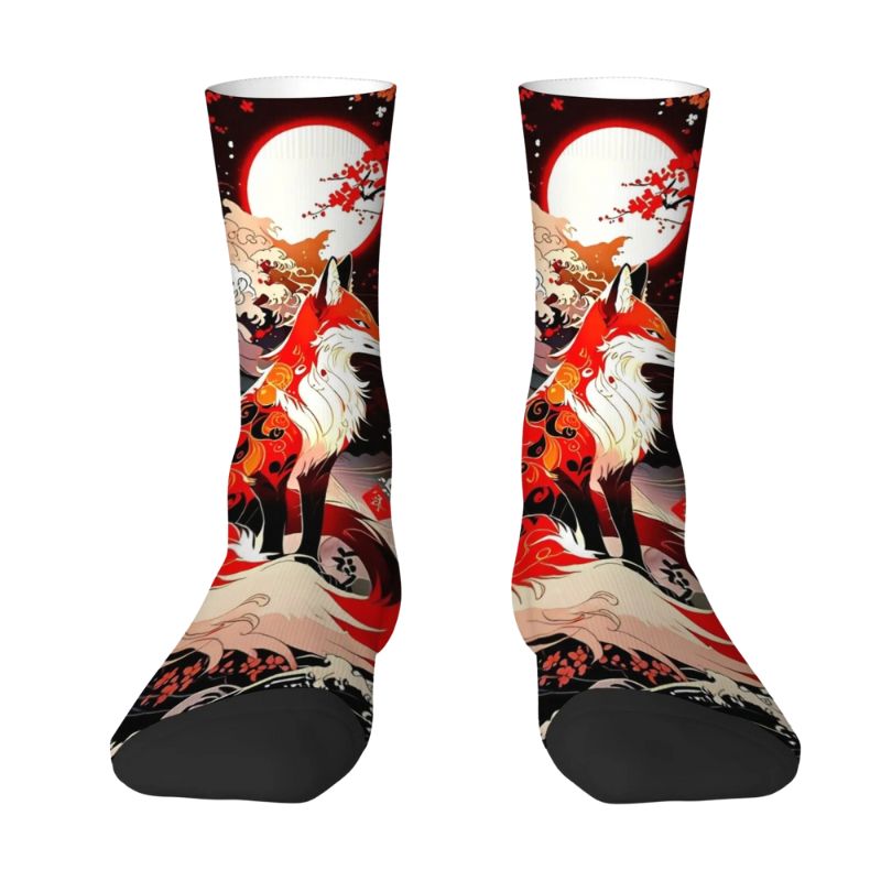 Chaussette Japonaise Imprimé Renard Rouge Et Lune Mystique