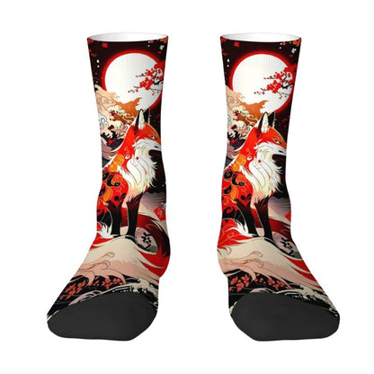 Chaussette Japonaise Imprimé Renard Rouge Et Lune Mystique