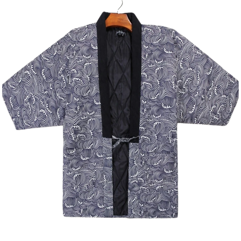 Hanten Homme Japonais Gris à Motif Vagues Traditionnelles