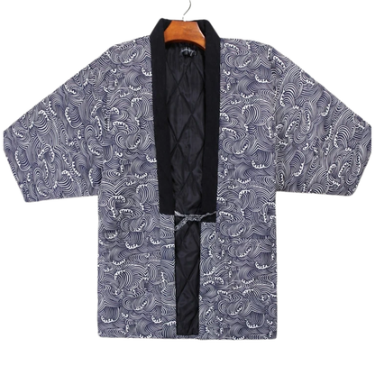 Hanten Homme Japonais Gris à Motif Vagues Traditionnelles