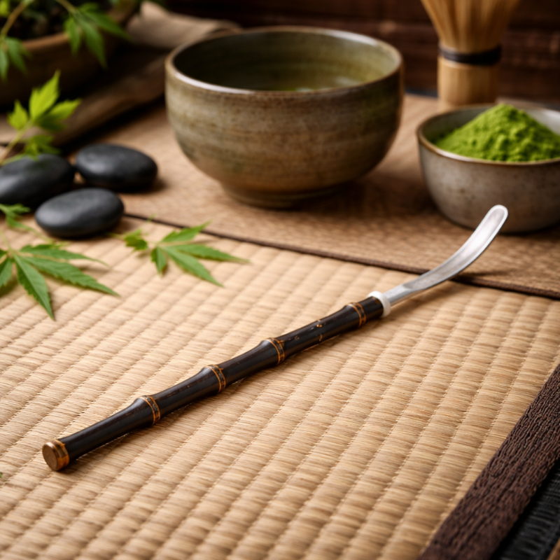 Cuillère Matcha Avec Lame Courbée Et Manche Effet Bambou