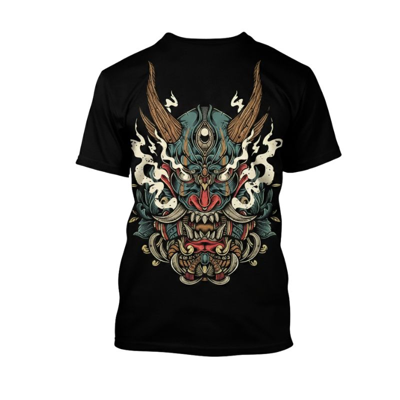 T-Shirt Japonais En Noir Avec Masque Oni Et Illustration Démon