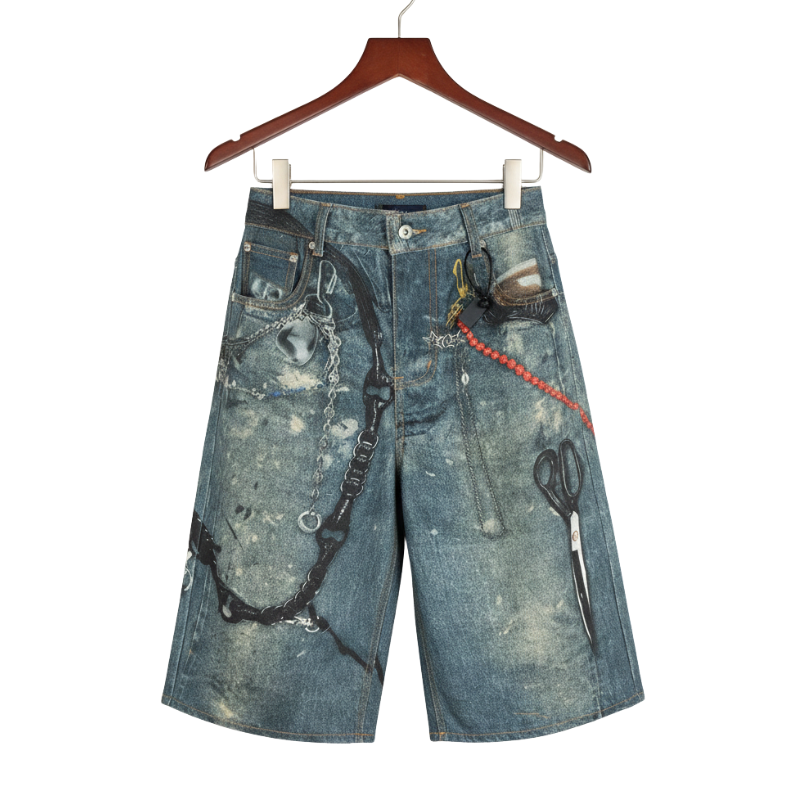 Short Japonais En Denim Avec Imprimé Chaînes Style Urbain