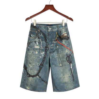 Short Japonais En Denim Avec Imprimé Chaînes Style Urbain