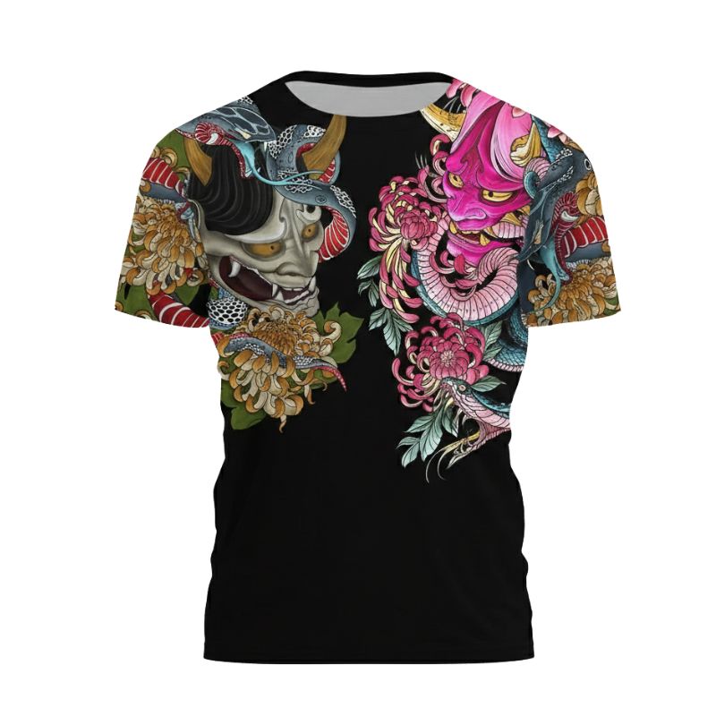 T-Shirt Japonais Mode Urbaine Avec Design Démon Floral