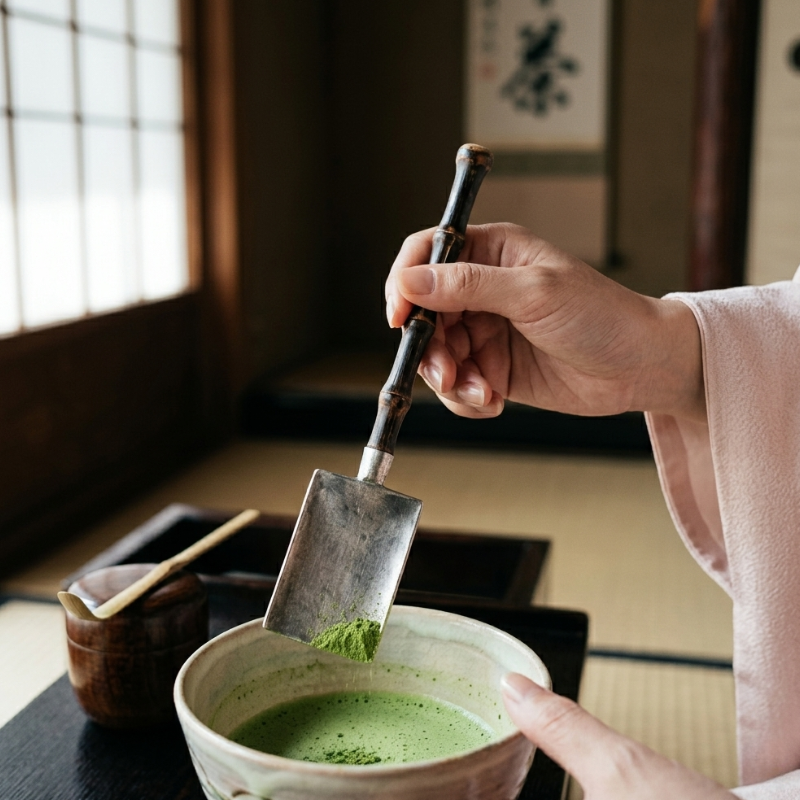 Cuillère Matcha En Acier Martelé Avec Manche Bambou