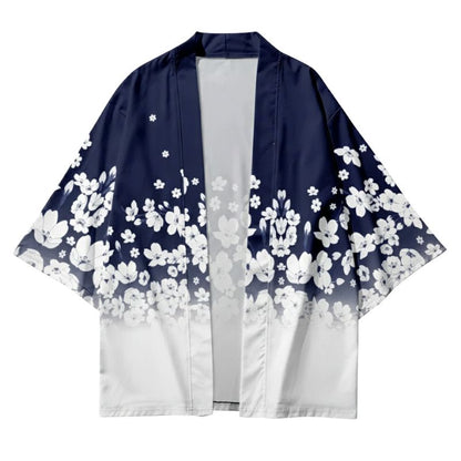 Haori Femme Bleu En Motif Fleurs Blanches Dégradé