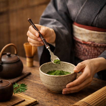 Cuillère Matcha En Acier Avec Manche Bambou Fin Sculpté