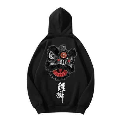 Sweat Japonais Noir Avec Masque Lion Et Calligraphie Traditionnelle