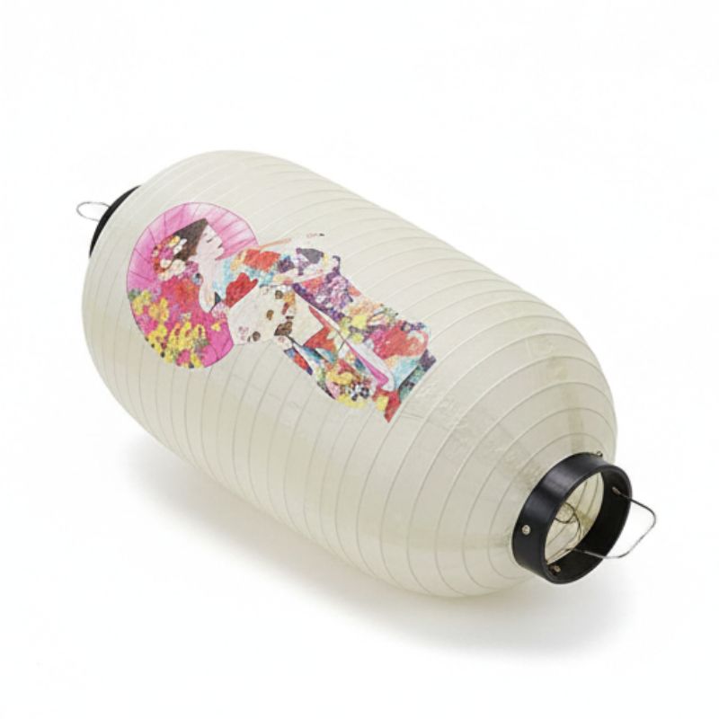Lanterne Japonaise Blanche Avec Motif Geisha Et Ombrelle