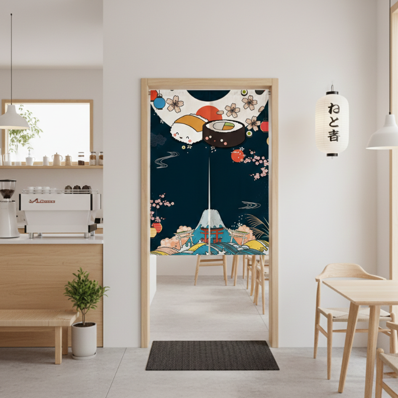 Noren Japonais Avec Motif Sushi Kawaii Et Mont Fuji Traditionnel