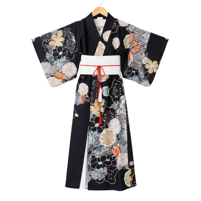 Kimono Traditionnel Noir Avec Motifs Japonais Et Ceinture Obi