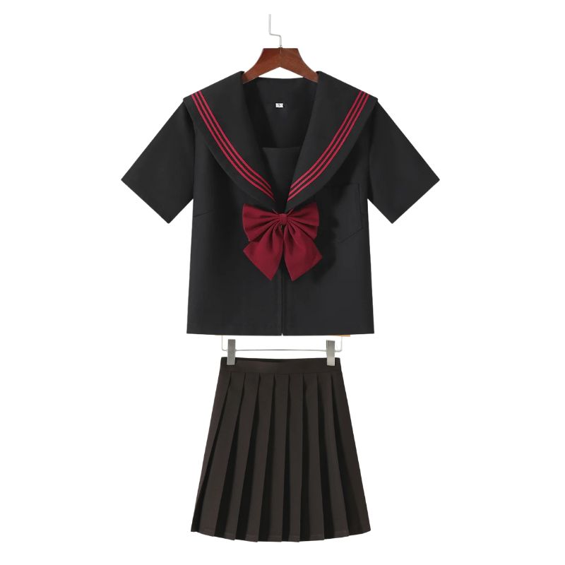 Uniforme Japonais Noir Avec Col Marin Et Nœud Rouge