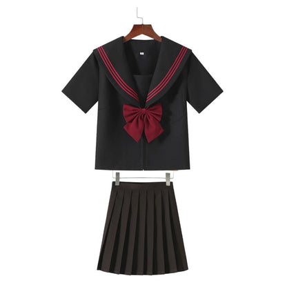Uniforme Japonais Noir Avec Col Marin Et Nœud Rouge