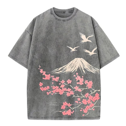T-Shirt Japonais Avec Mont Fuji Et Fleurs Sakura