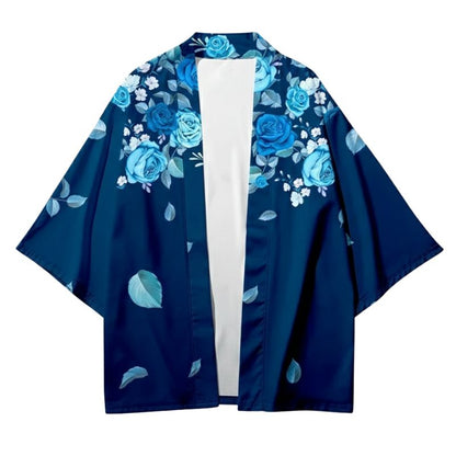 Haori Femme Bleu Marine En Motif Roses Élégantes